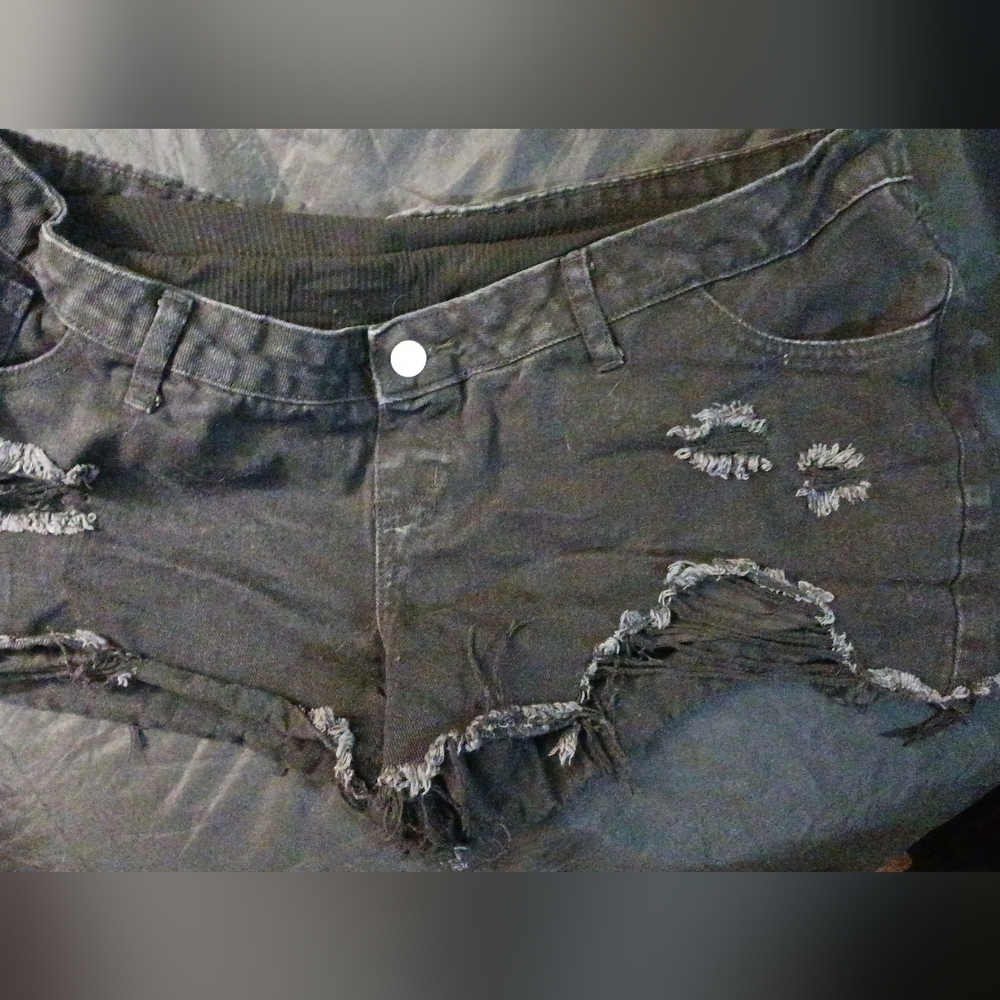 Black Distressed Maternity Denim Shorts | Over-Belly Panel | Stretch | Casual - Picture 9 of 9